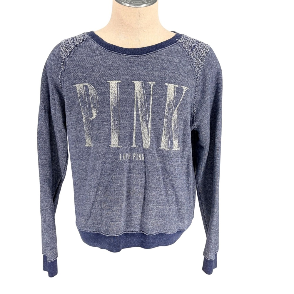 PINK Victoria's Secret Sweatshirt Large Blue Distressed Logo Raglan Pullover